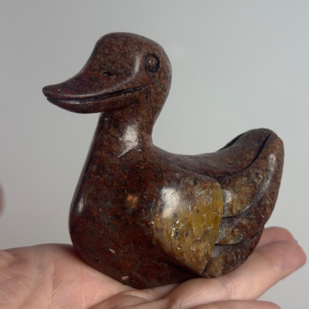 Vintage Hand Carved Stone Duck Figurine Red Brown Speckled Polished 3.5 Inch
